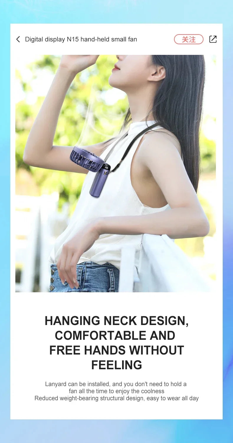 Handheld Mini Fan 3000mAh, Foldable 5-Speed USB Rechargeable, Neck-Hanging/Desk, Phone Stand & LED Display