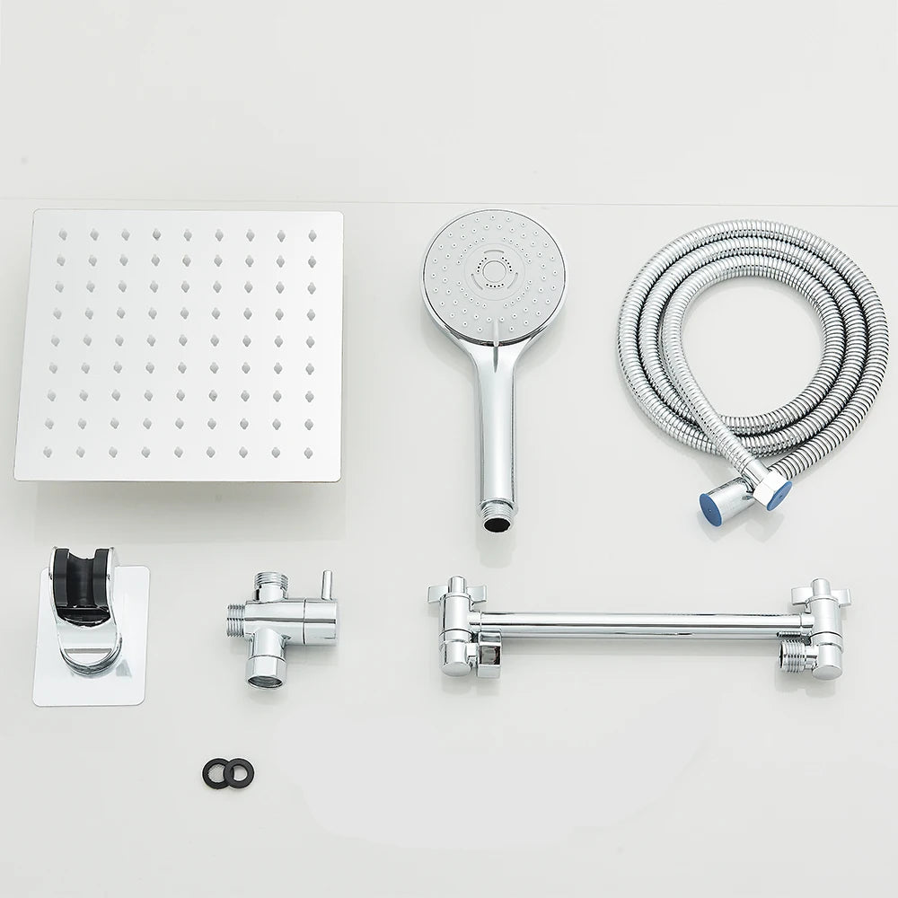 8–12" High Pressure Rain Shower Head, Square Stainless Steel – Adjustable Extension Arm with 3-Way Handheld Spray Combo