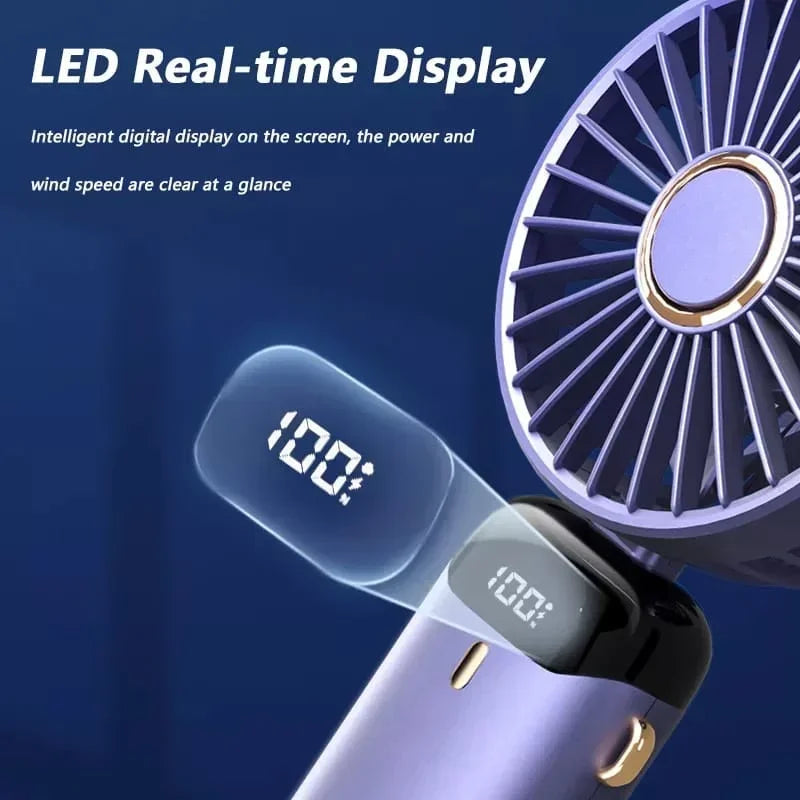 Handheld Mini Fan 3000mAh, Foldable 5-Speed USB Rechargeable, Neck-Hanging/Desk, Phone Stand & LED Display