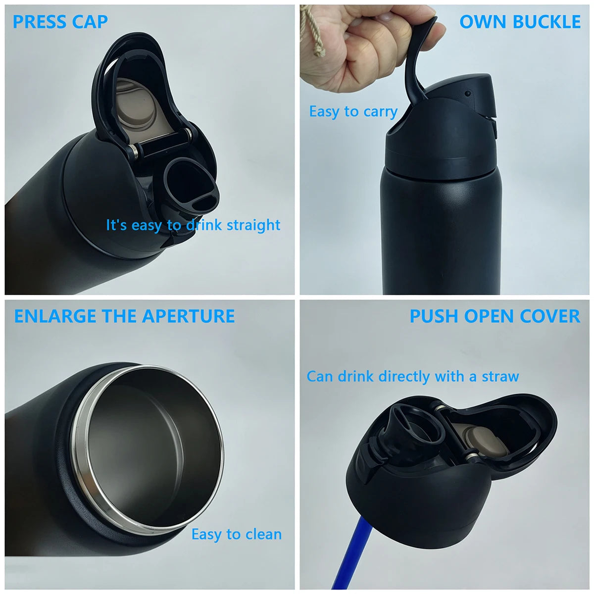 32 oz Black Stainless Steel Insulated Water Bottle with Straw Lid | Vacuum Insulated Sports Flask