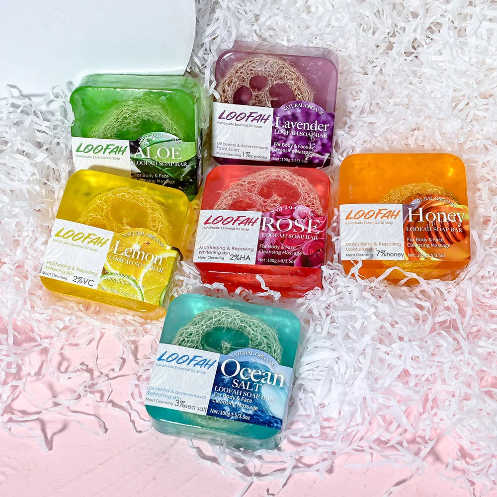 Handmade Soap Bar with Loofah – 3.53oz (100g) Essential Oil Bath Bar, Exfoliating & Nourishing Cleanser