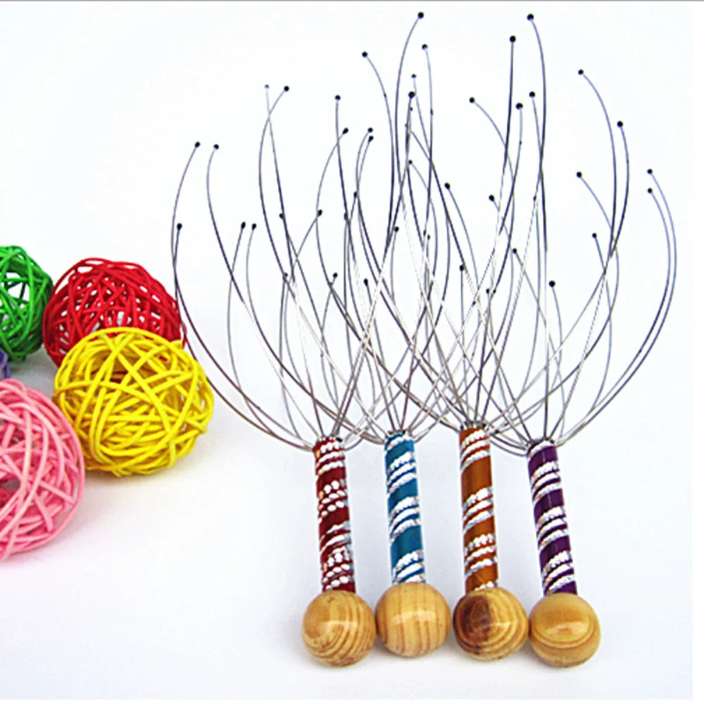 Octopus Head Massager, Manual Scalp Scratcher, Stainless Steel Claws, Wood Handle, Stress Relief, Non-Electric, Random Color