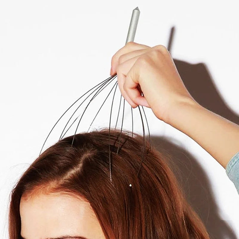 Octopus Head Massager, Manual Scalp Scratcher, Stainless Steel Claws, Wood Handle, Stress Relief, Non-Electric, Random Color