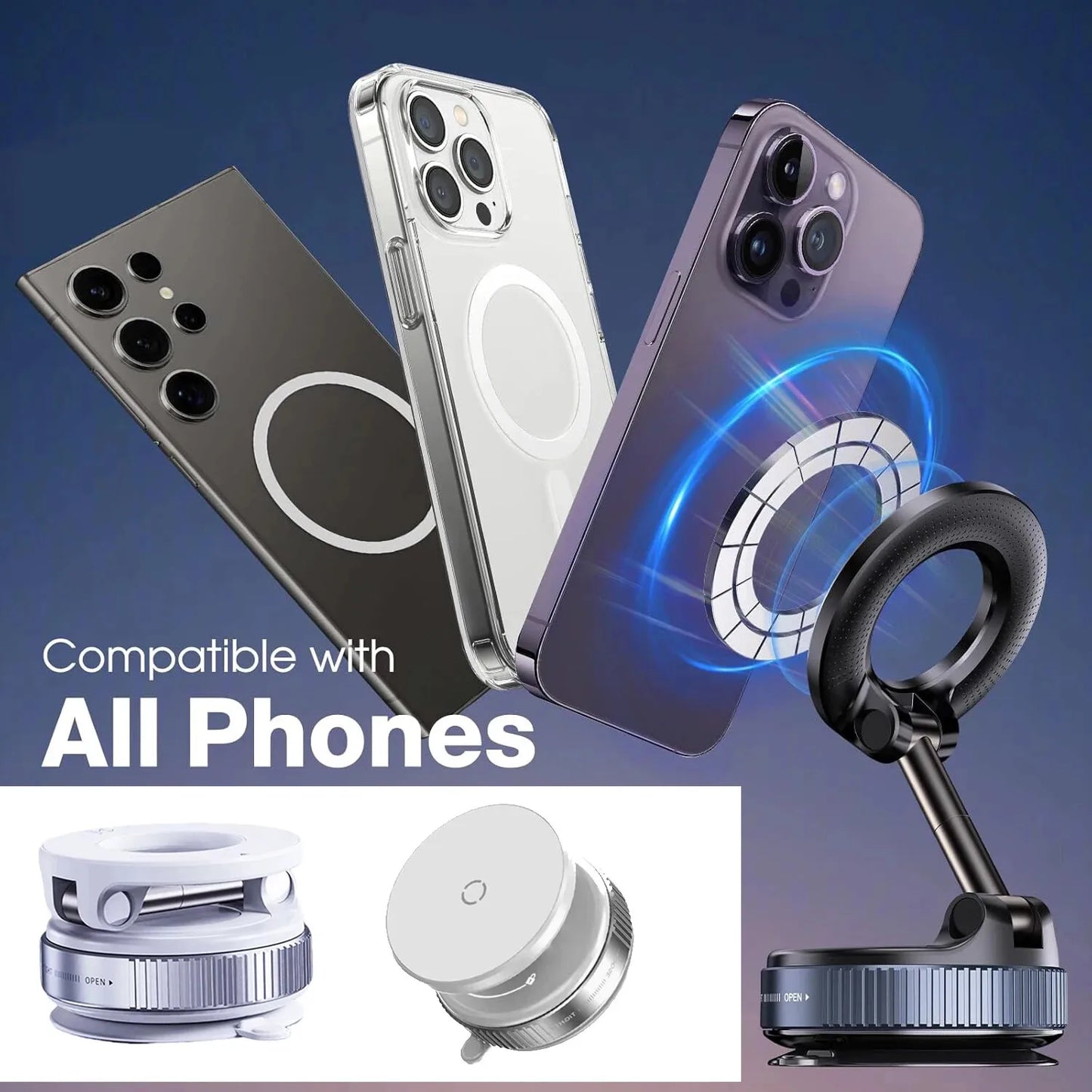 New 360° Rotation Folding Magnetic Car Phone Holder With Vacuum Suction Cup For iPhone 12-16 Series Car/Gym/Driving Phone Holder
