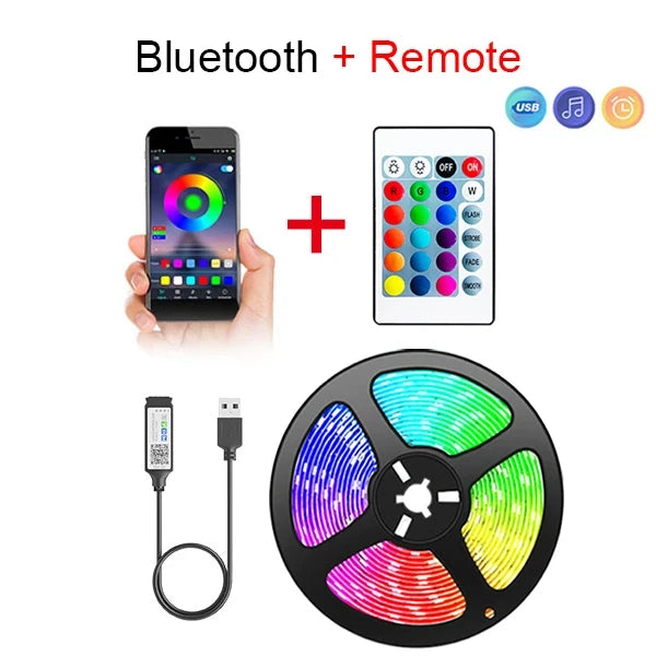 Bluetooth LED Strip Lights 5050 RGB, App + Remote Control, 16.4ft (5m) Flexible LED Tape for TV Backlight, Bedroom, Gaming Room, Home Decor, Dimmable, Timer