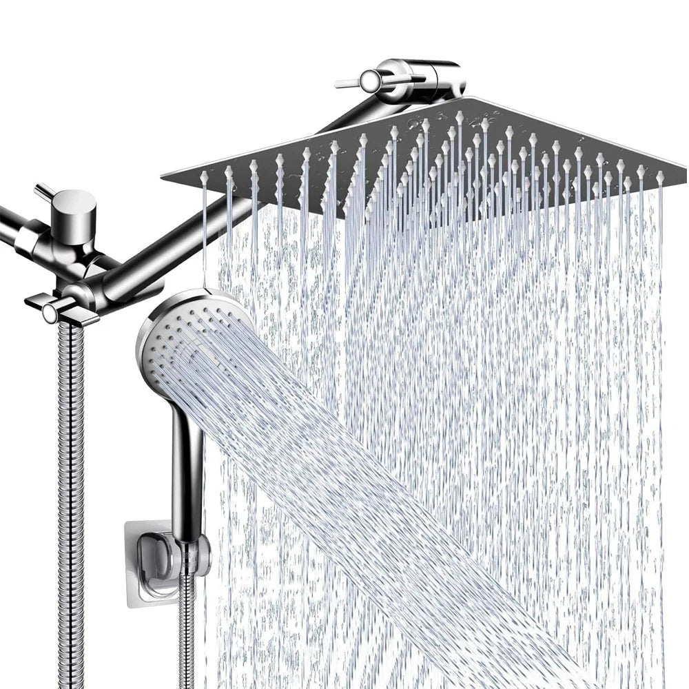 8–12" High Pressure Rain Shower Head, Square Stainless Steel – Adjustable Extension Arm with 3-Way Handheld Spray Combo