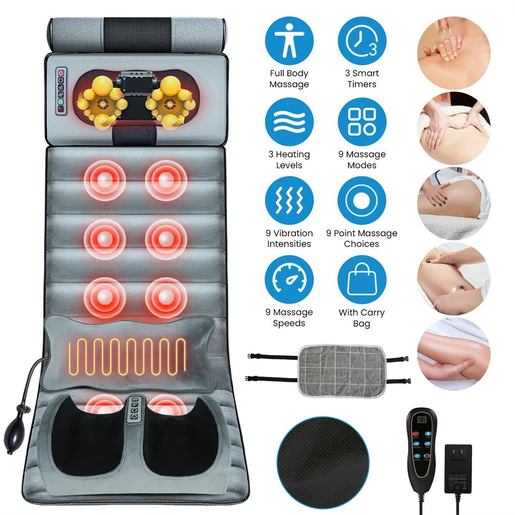 Full Body Massage Mat with Heat – Electric Vibration Pad for Back, Neck, Foot & Lumbar Support, Foldable Cushion Mattress with Detachable Massagers & Timer