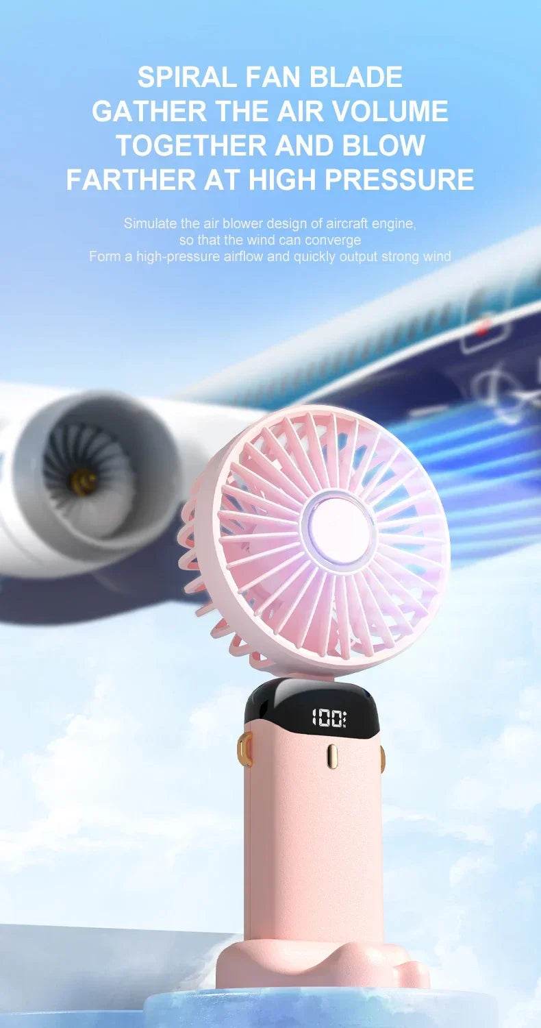 Handheld Mini Fan 3000mAh, Foldable 5-Speed USB Rechargeable, Neck-Hanging/Desk, Phone Stand & LED Display