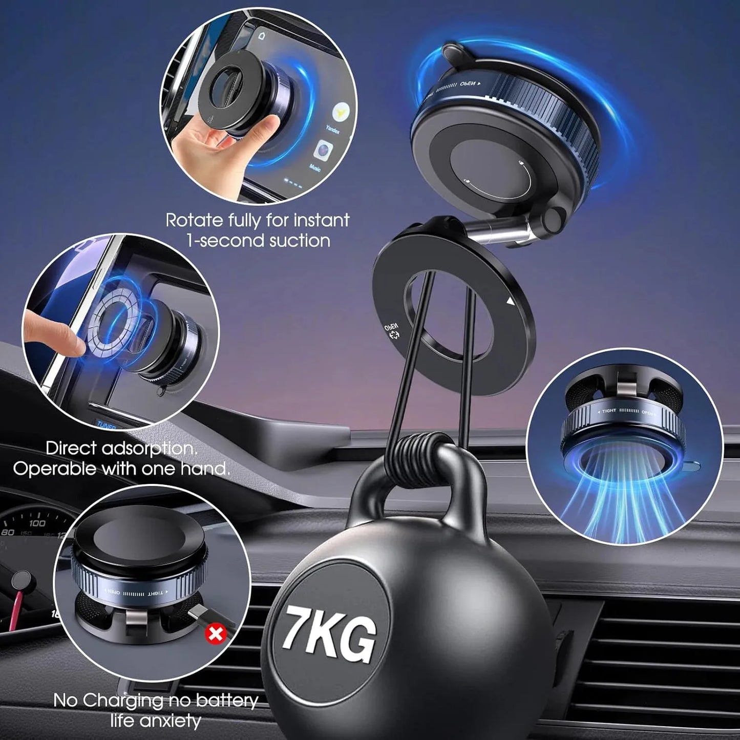 New 360° Rotation Folding Magnetic Car Phone Holder With Vacuum Suction Cup For iPhone 12-16 Series Car/Gym/Driving Phone Holder