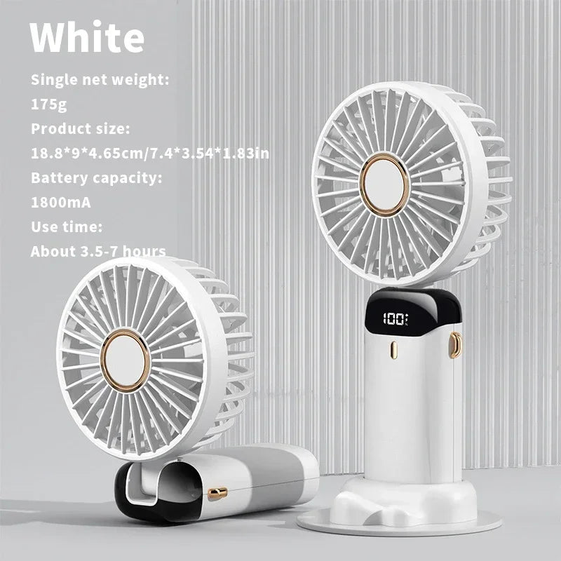 Handheld Mini Fan 3000mAh, Foldable 5-Speed USB Rechargeable, Neck-Hanging/Desk, Phone Stand & LED Display