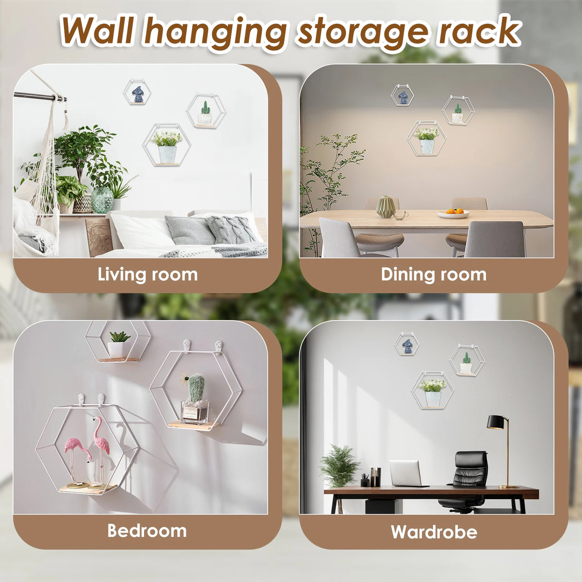 Wall Mounted Hexagonal Floating Shelves – Set of 3 Stainless Steel & Wood Display Racks for Living Room, Bedroom, Office
