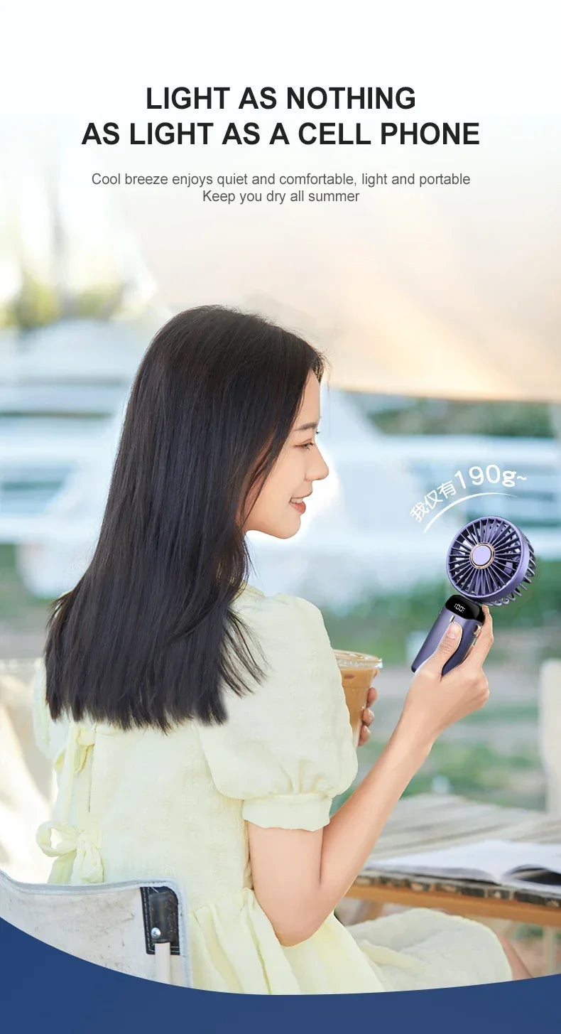 Handheld Mini Fan 3000mAh, Foldable 5-Speed USB Rechargeable, Neck-Hanging/Desk, Phone Stand & LED Display