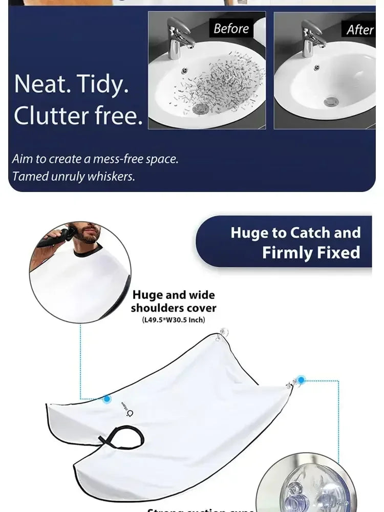 Beard Bib & Hair Catcher, No-Mess Shaving Cape, Mirror Suction Cups, Sink & Counter Cleanup