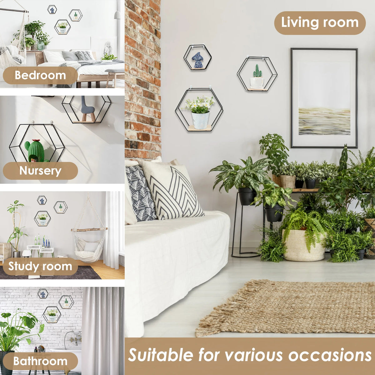 Wall Mounted Hexagonal Floating Shelves – Set of 3 Stainless Steel & Wood Display Racks for Living Room, Bedroom, Office