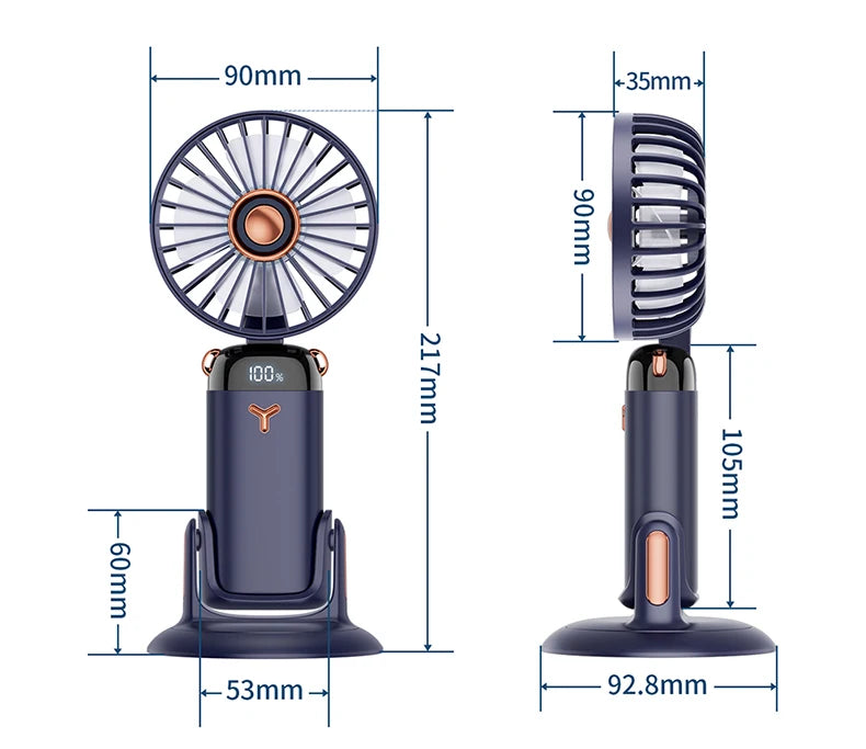 Handheld Mini Fan 3000mAh, Foldable 5-Speed USB Rechargeable, Neck-Hanging/Desk, Phone Stand & LED Display