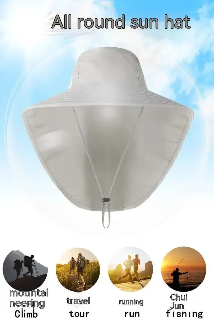 Unisex Wide Brim Sun Hat with Neck Flap, UV Protection Safari Cap, Mesh Panels, Adjustable Chin Strap, Lightweight, Packable