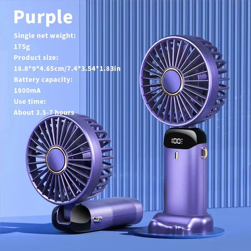 Handheld Mini Fan 3000mAh, Foldable 5-Speed USB Rechargeable, Neck-Hanging/Desk, Phone Stand & LED Display