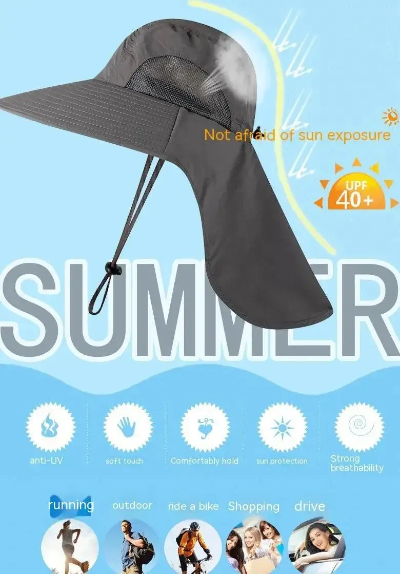 Unisex Wide Brim Sun Hat with Neck Flap, UV Protection Safari Cap, Mesh Panels, Adjustable Chin Strap, Lightweight, Packable