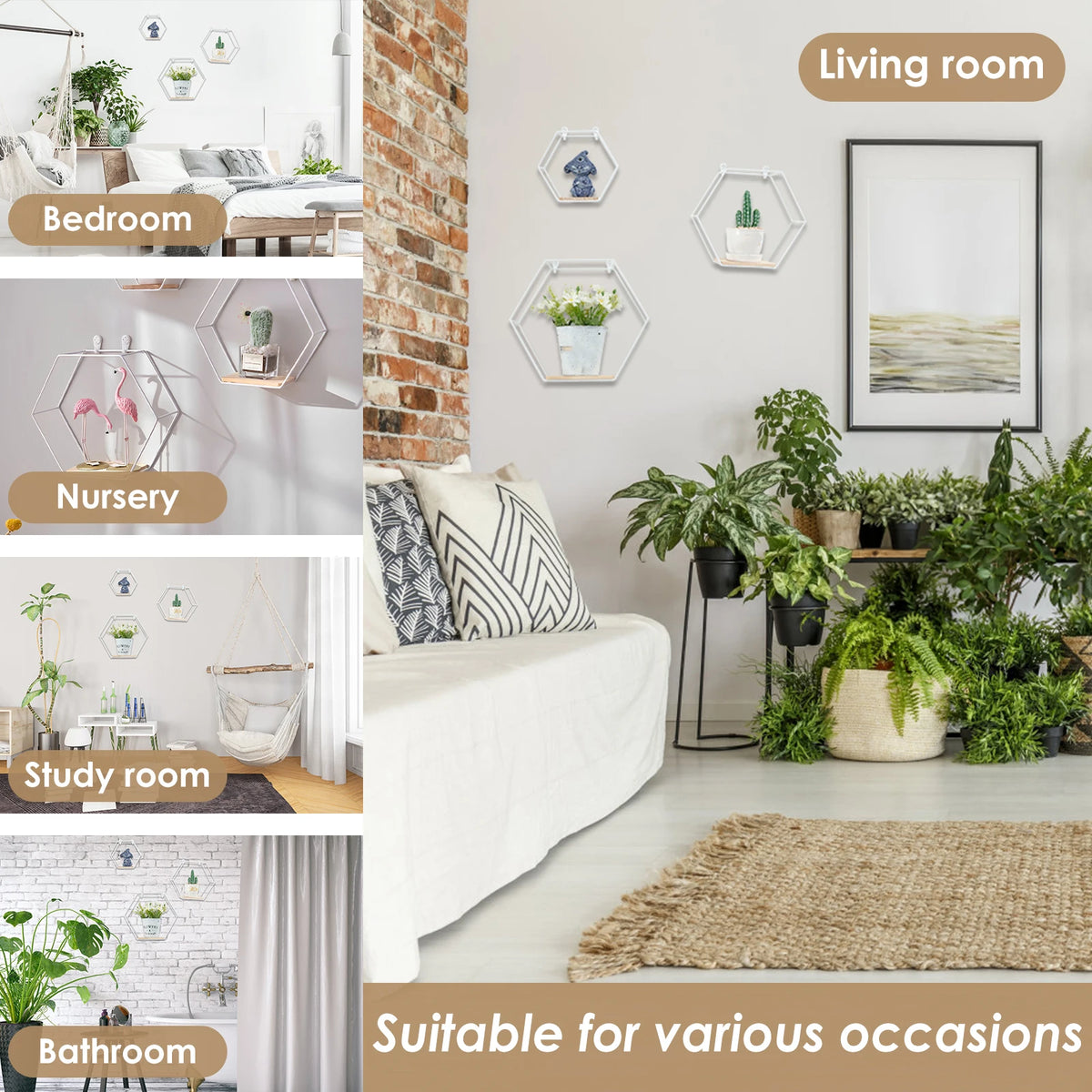 Wall Mounted Hexagonal Floating Shelves – Set of 3 Stainless Steel & Wood Display Racks for Living Room, Bedroom, Office