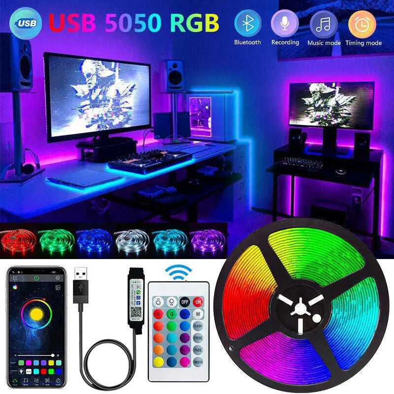 Bluetooth LED Strip Lights 5050 RGB, App + Remote Control, 16.4ft (5m) Flexible LED Tape for TV Backlight, Bedroom, Gaming Room, Home Decor, Dimmable, Timer