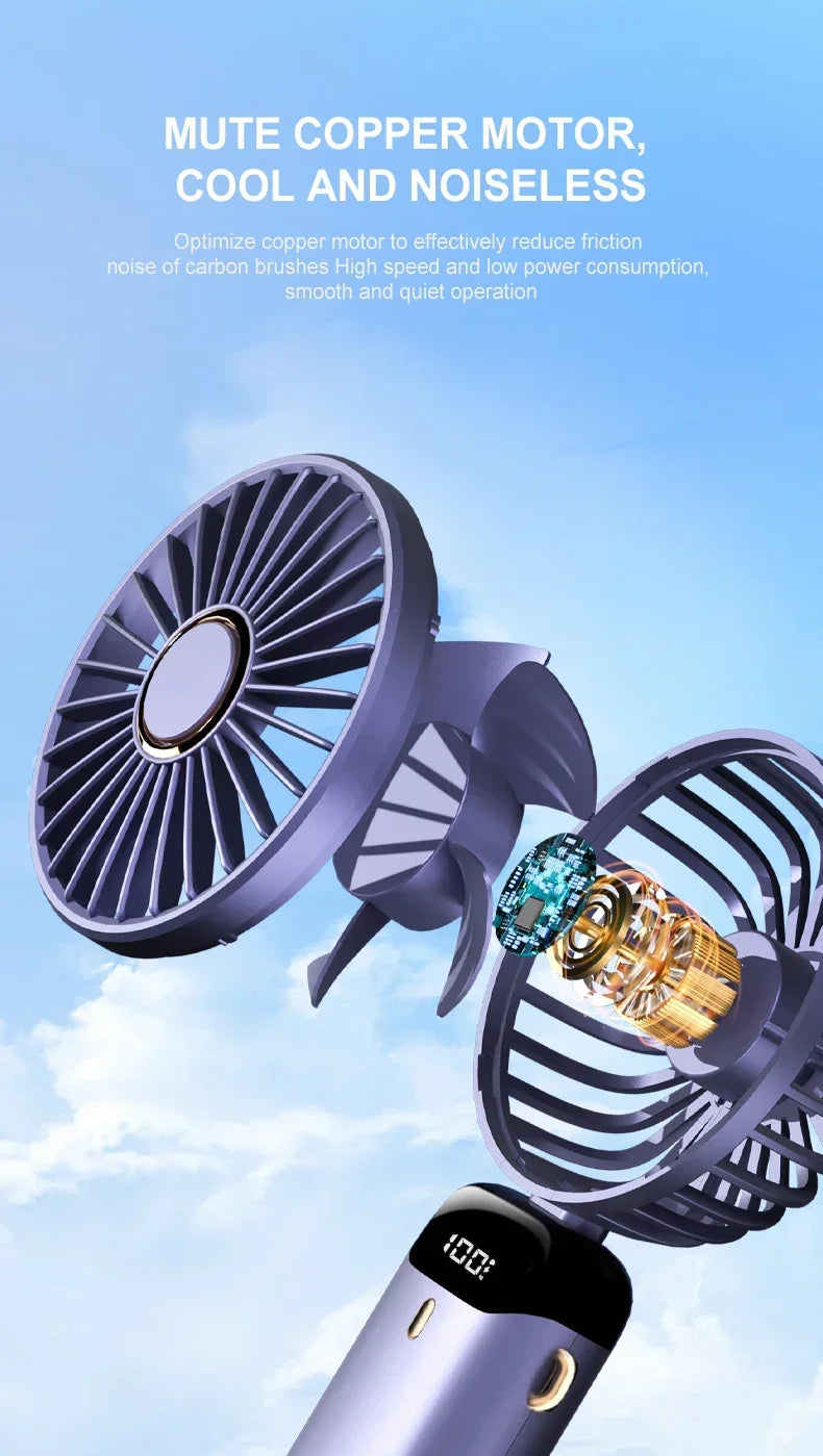 Handheld Mini Fan 3000mAh, Foldable 5-Speed USB Rechargeable, Neck-Hanging/Desk, Phone Stand & LED Display