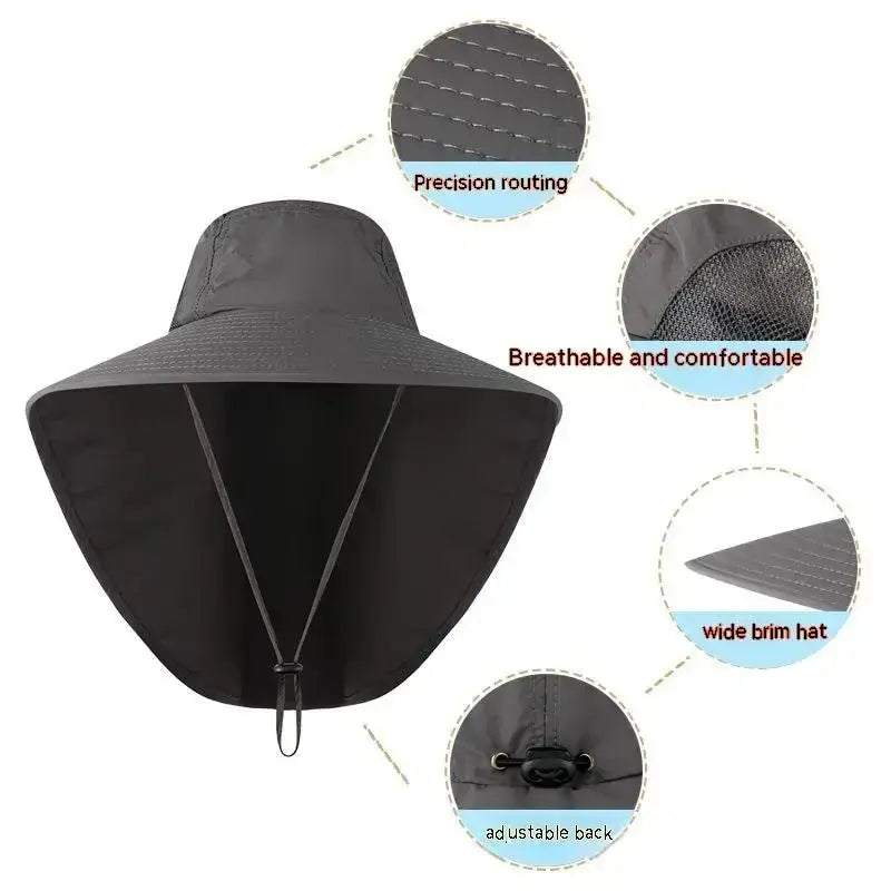 Unisex Wide Brim Sun Hat with Neck Flap, UV Protection Safari Cap, Mesh Panels, Adjustable Chin Strap, Lightweight, Packable