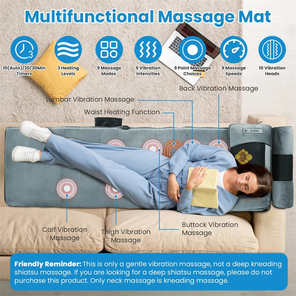 Full Body Massage Mat with Heat – Electric Vibration Pad for Back, Neck, Foot & Lumbar Support, Foldable Cushion Mattress with Detachable Massagers & Timer