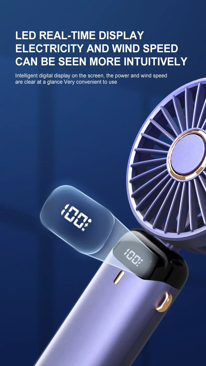 Handheld Mini Fan 3000mAh, Foldable 5-Speed USB Rechargeable, Neck-Hanging/Desk, Phone Stand & LED Display