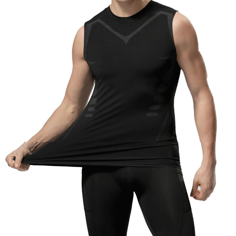 Men's Black Sci-Fi Print Tank Top, Quick-Dry Round Neck Sleeveless Athletic Vest for Gym & Beach