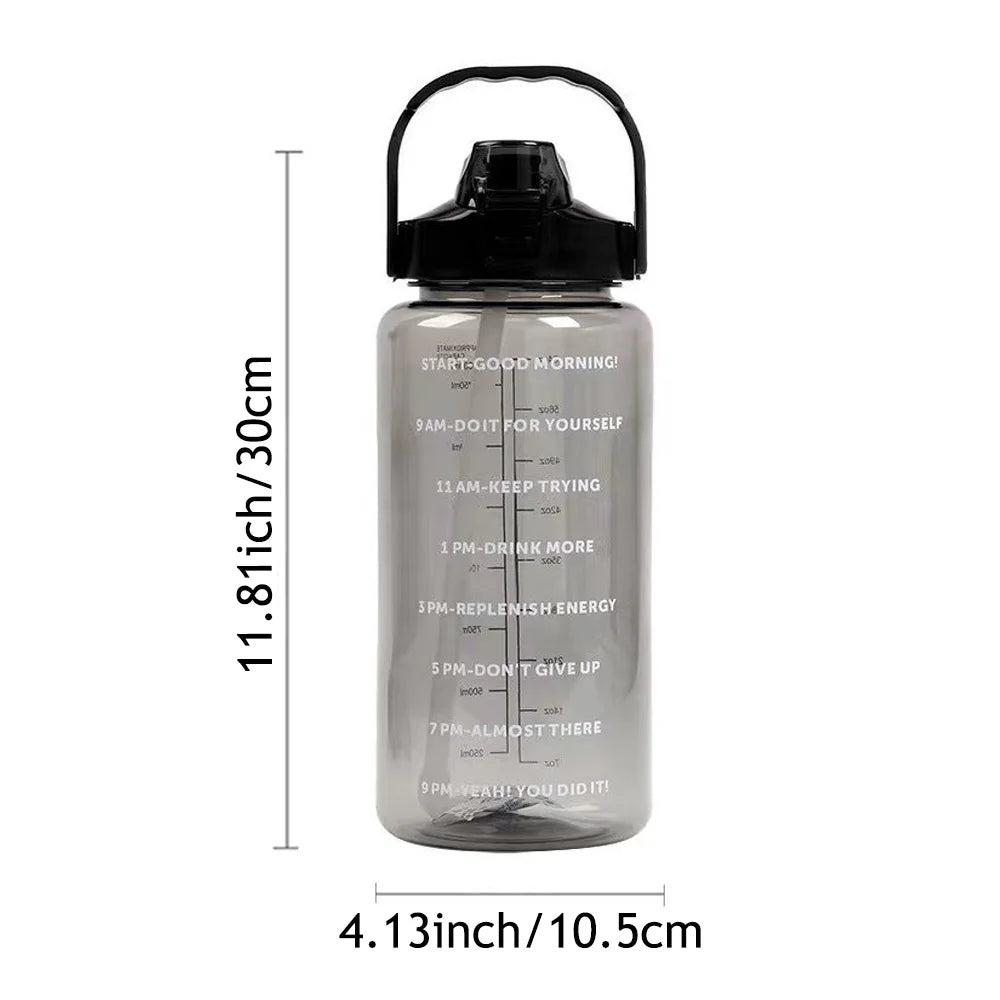 2L Water Bottle with Time Marker, Leak-Proof, Non-Slip, Portable Plastic Fitness Cup for Travel with Cute Stickers