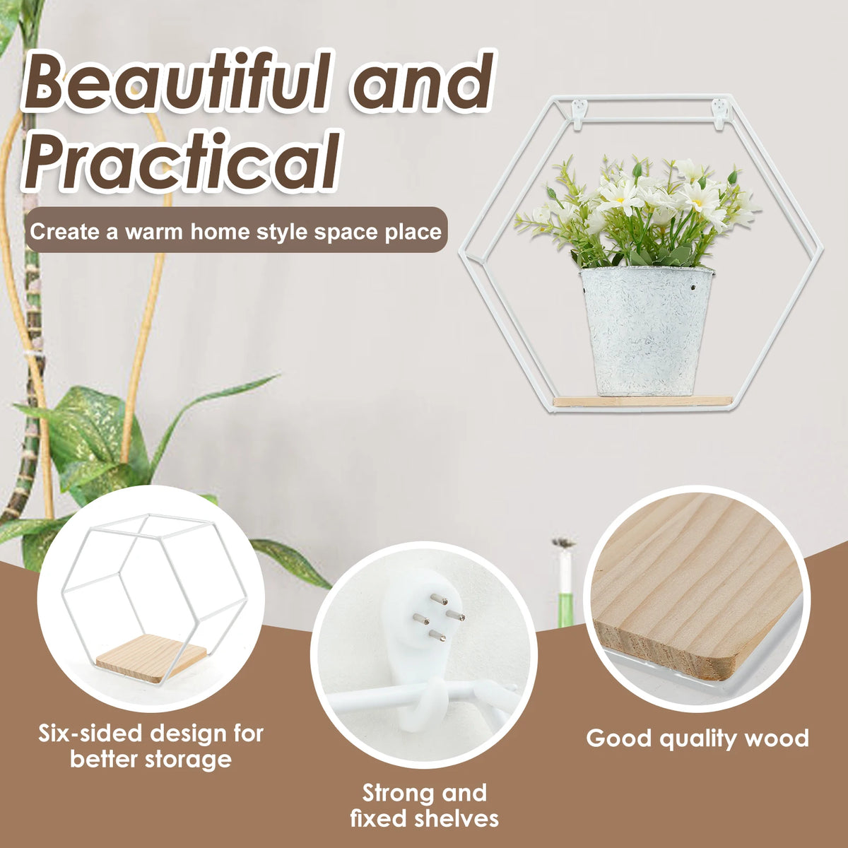 Wall Mounted Hexagonal Floating Shelves – Set of 3 Stainless Steel & Wood Display Racks for Living Room, Bedroom, Office