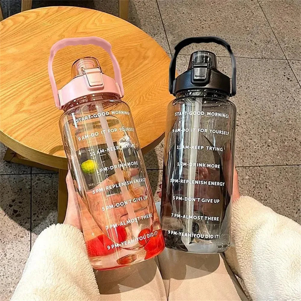 2L Water Bottle with Time Marker, Leak-Proof, Non-Slip, Portable Plastic Fitness Cup for Travel with Cute Stickers