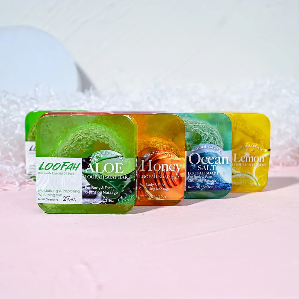 Handmade Soap Bar with Loofah – 3.53oz (100g) Essential Oil Bath Bar, Exfoliating & Nourishing Cleanser