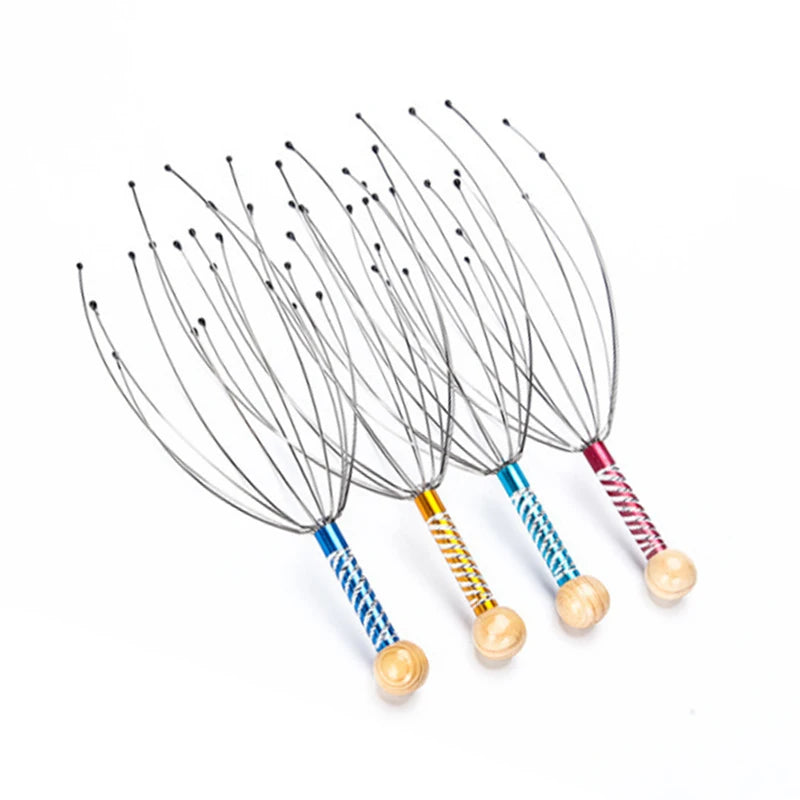 Octopus Head Massager, Manual Scalp Scratcher, Stainless Steel Claws, Wood Handle, Stress Relief, Non-Electric, Random Color