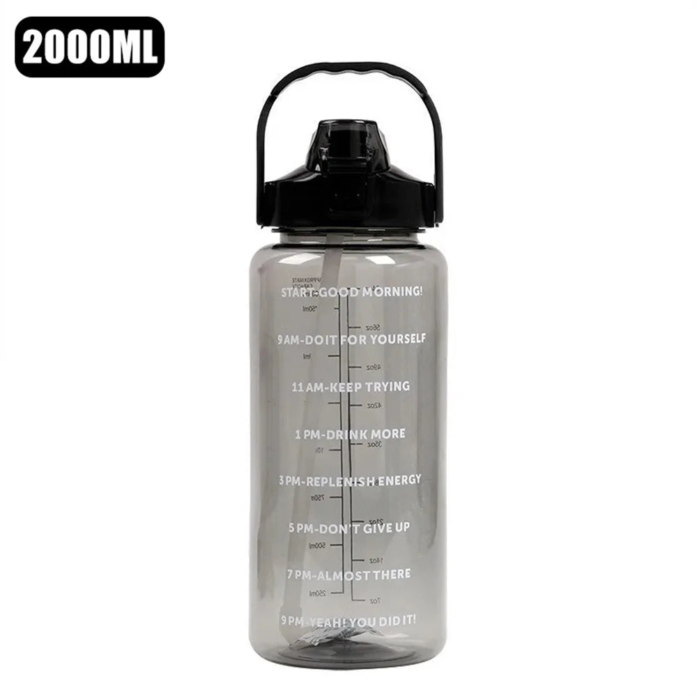 2L Water Bottle with Time Marker, Leak-Proof, Non-Slip, Portable Plastic Fitness Cup for Travel with Cute Stickers