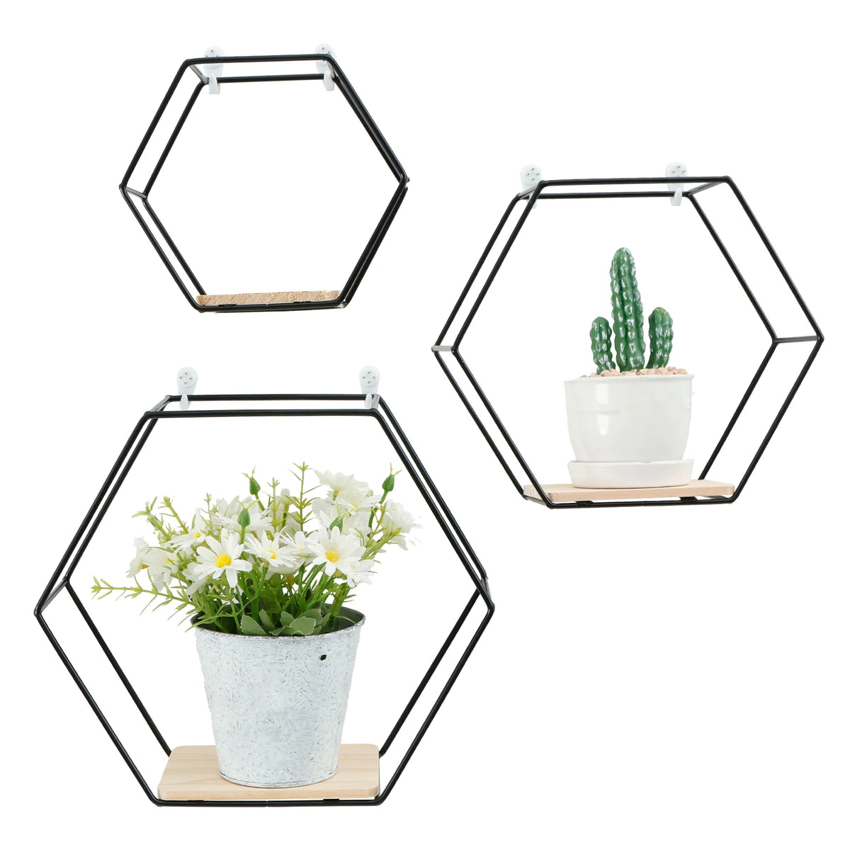 Wall Mounted Hexagonal Floating Shelves – Set of 3 Stainless Steel & Wood Display Racks for Living Room, Bedroom, Office