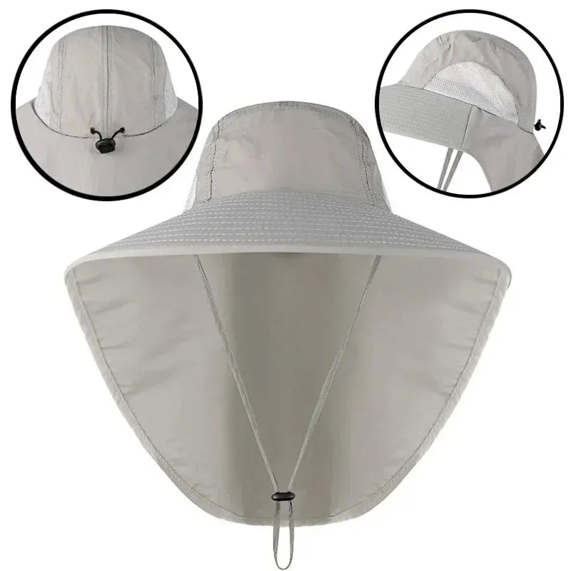 Unisex Wide Brim Sun Hat with Neck Flap, UV Protection Safari Cap, Mesh Panels, Adjustable Chin Strap, Lightweight, Packable