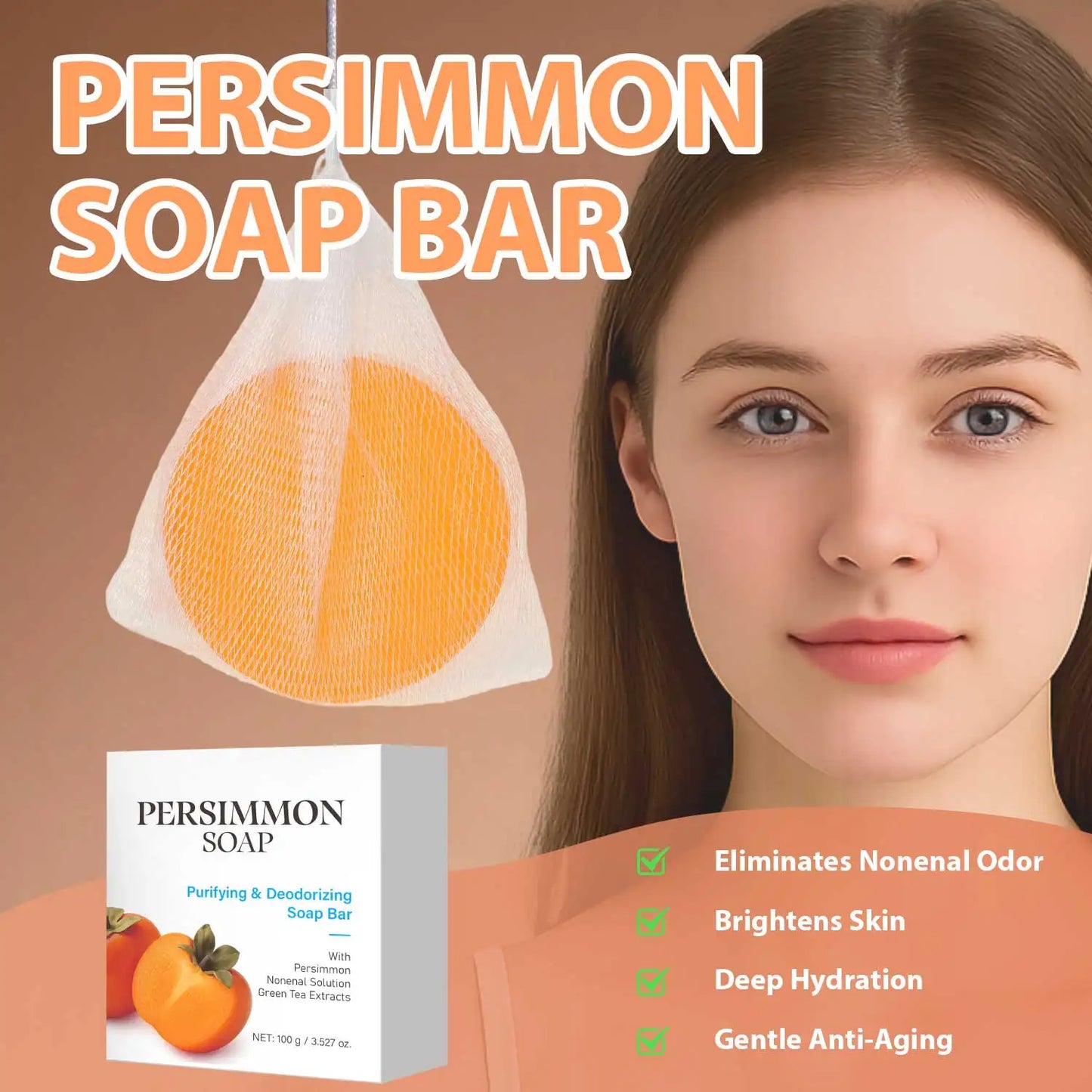 Persimmon Soap Bar with Green Tea Extract – Deodorizing & Purifying Soap for Body Odor, Face & Hand Wash –