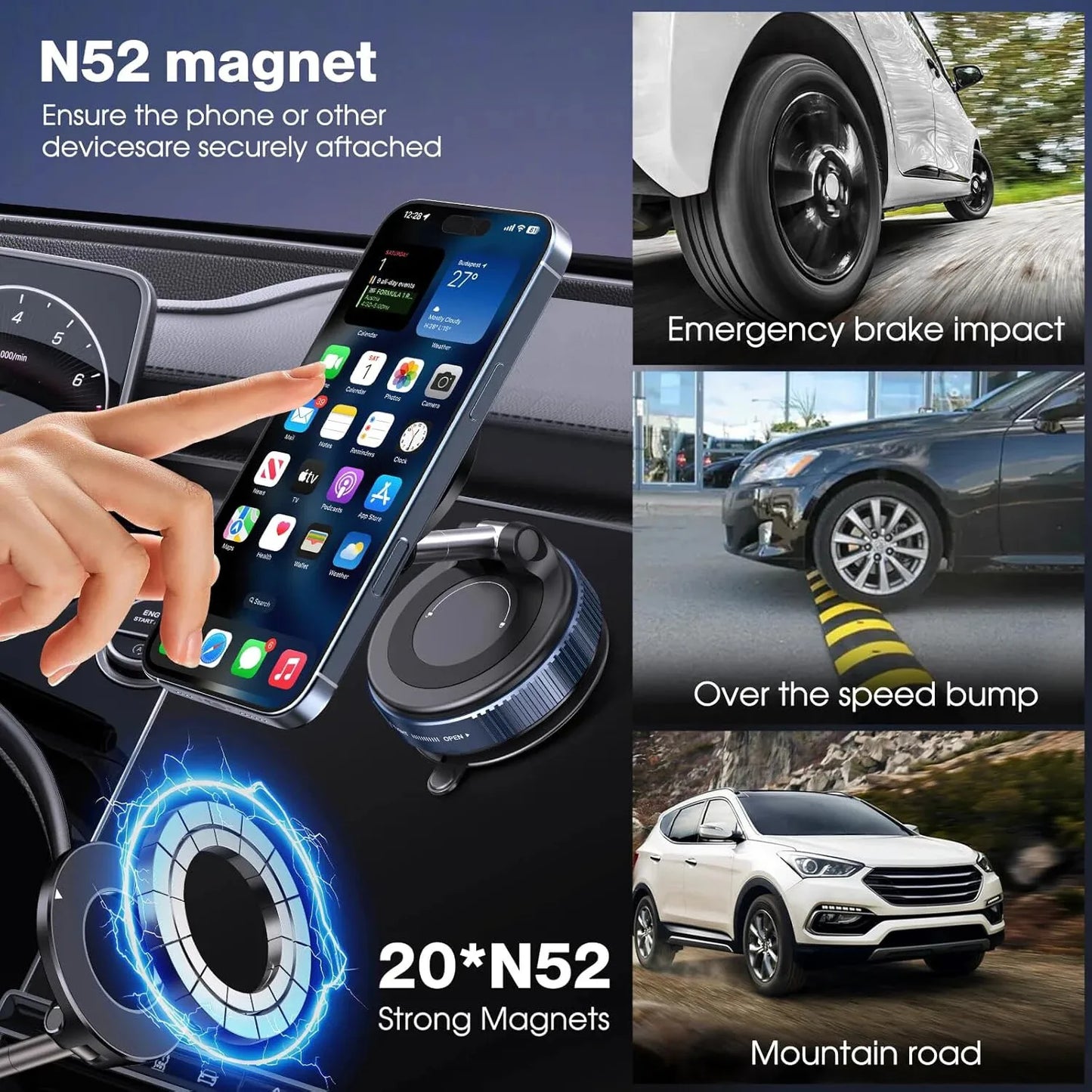 New 360° Rotation Folding Magnetic Car Phone Holder With Vacuum Suction Cup For iPhone 12-16 Series Car/Gym/Driving Phone Holder