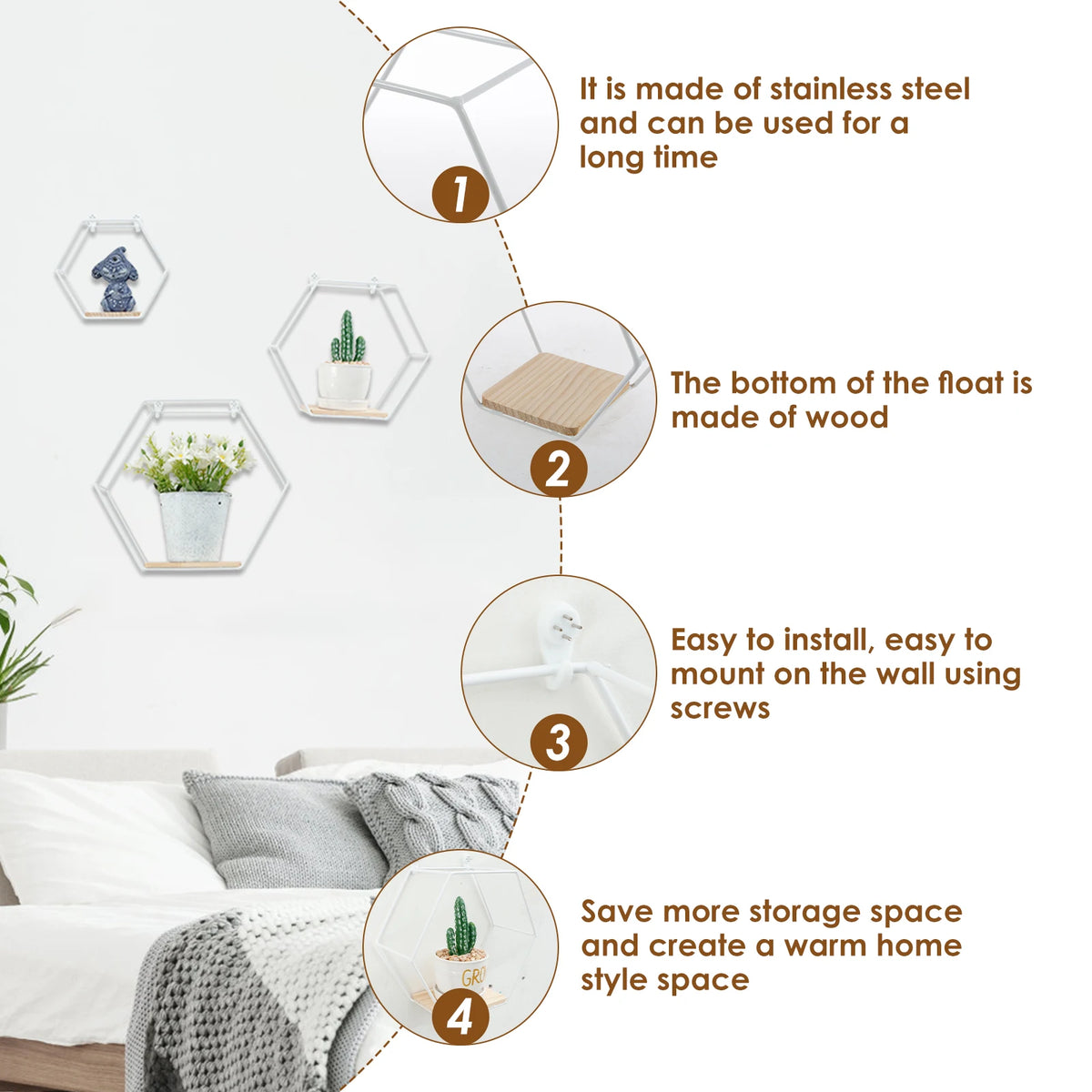Wall Mounted Hexagonal Floating Shelves – Set of 3 Stainless Steel & Wood Display Racks for Living Room, Bedroom, Office