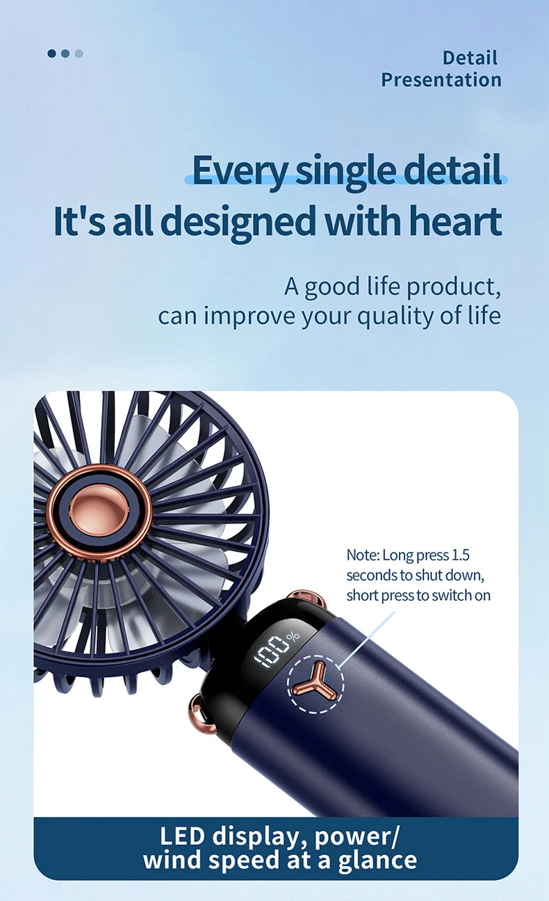 Handheld Mini Fan 3000mAh, Foldable 5-Speed USB Rechargeable, Neck-Hanging/Desk, Phone Stand & LED Display