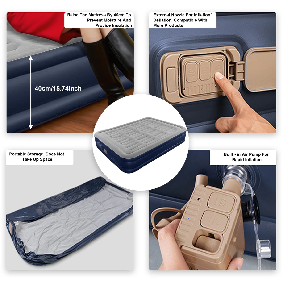 1-2 Person Automatic Inflatable Air Mattress with Built-In Pump, Thick PVC Camping Bed for Indoor Outdoor Use, Portable Sleeping Mat for Travel & Home