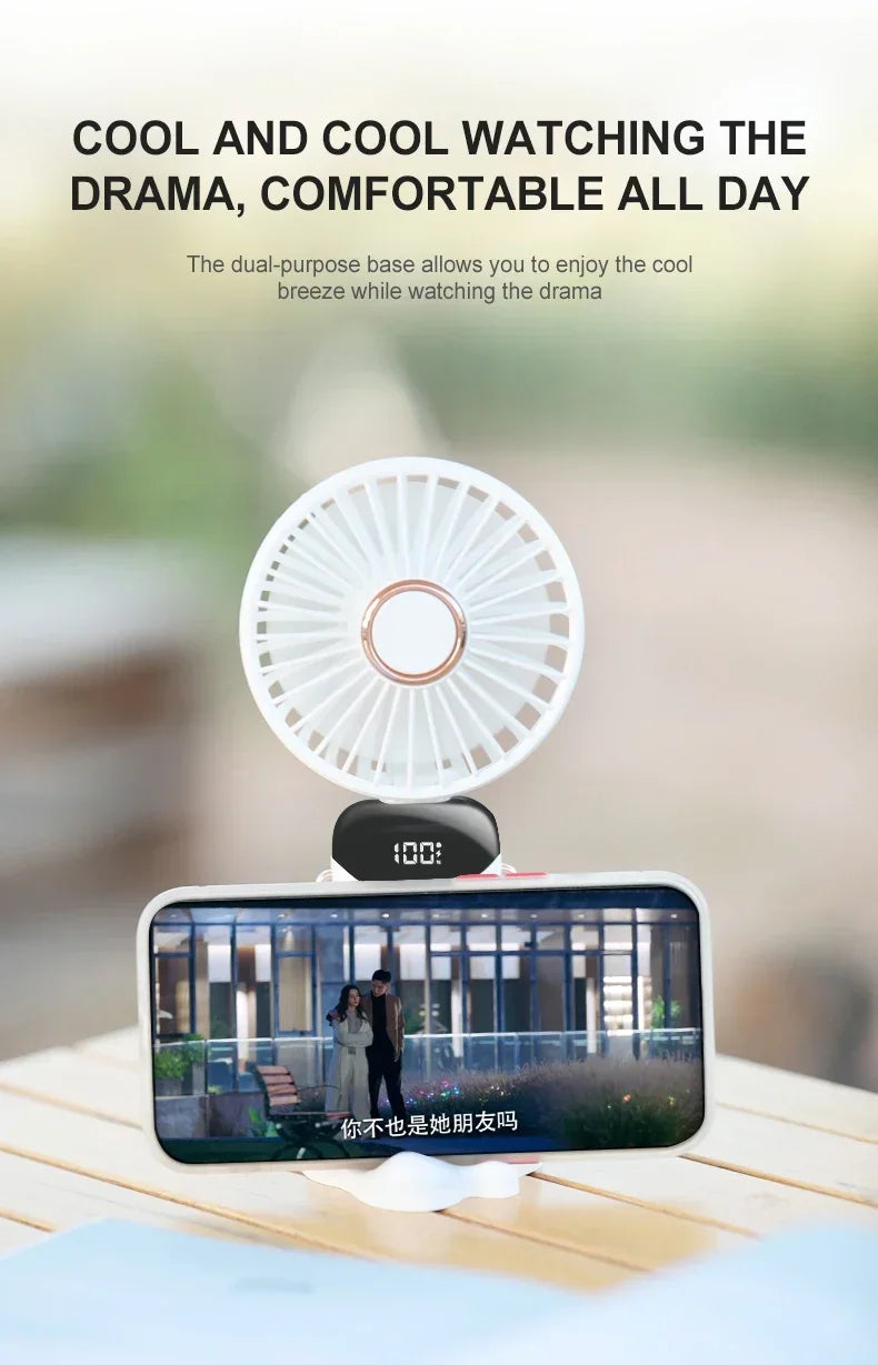 Handheld Mini Fan 3000mAh, Foldable 5-Speed USB Rechargeable, Neck-Hanging/Desk, Phone Stand & LED Display