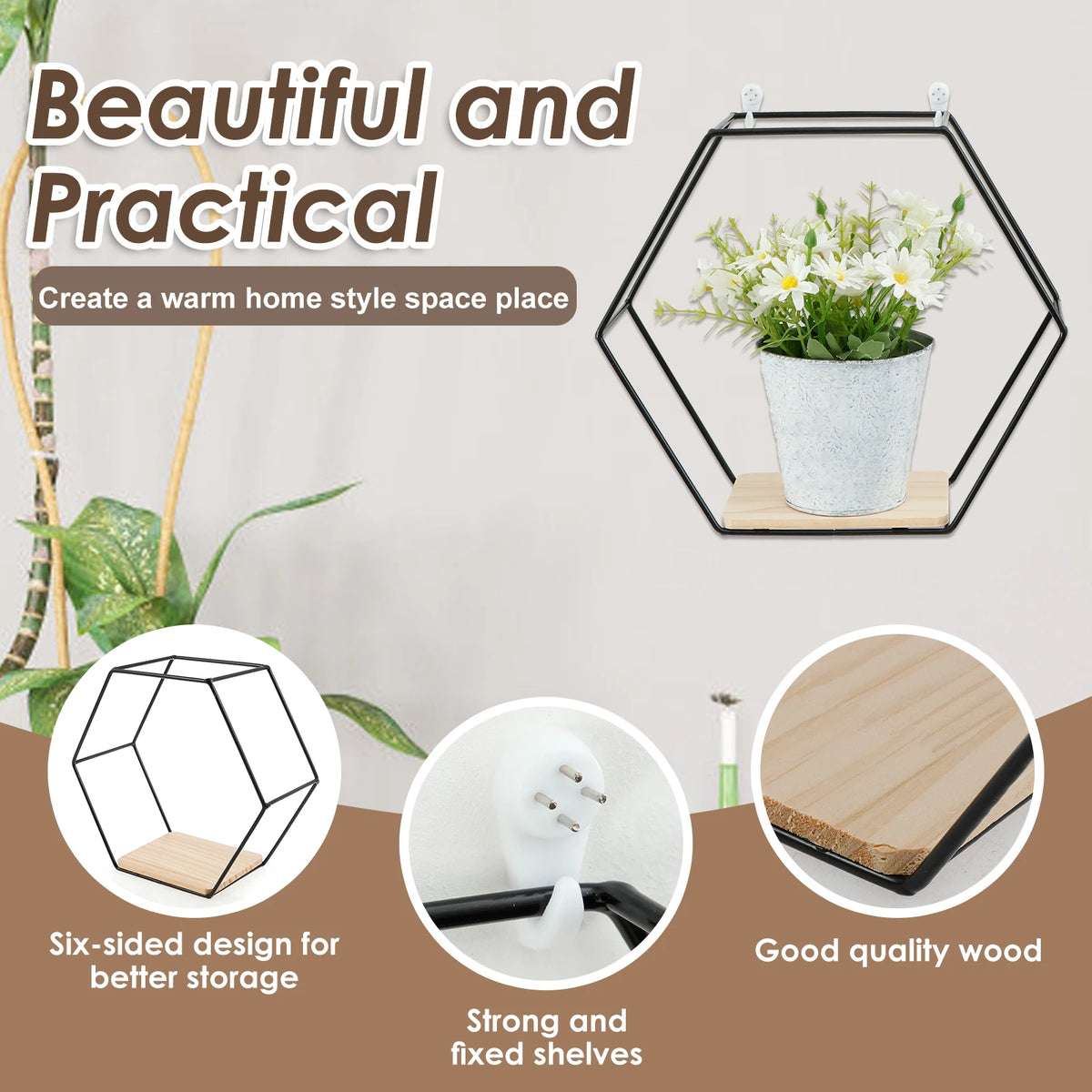 Wall Mounted Hexagonal Floating Shelves – Set of 3 Stainless Steel & Wood Display Racks for Living Room, Bedroom, Office