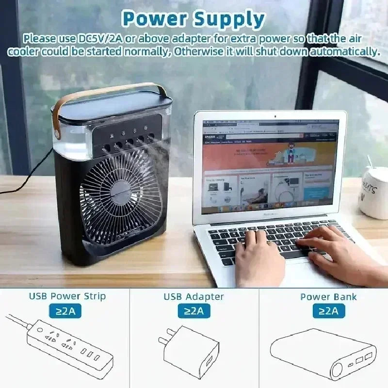 3-in-1 Portable Evaporative Air Cooler & Humidifier with 7-Color Night Light, USB Type-C Powered, 3 Speeds & 3 Mist Modes, Quiet Personal Desk Fan for Bedroom/Home Office