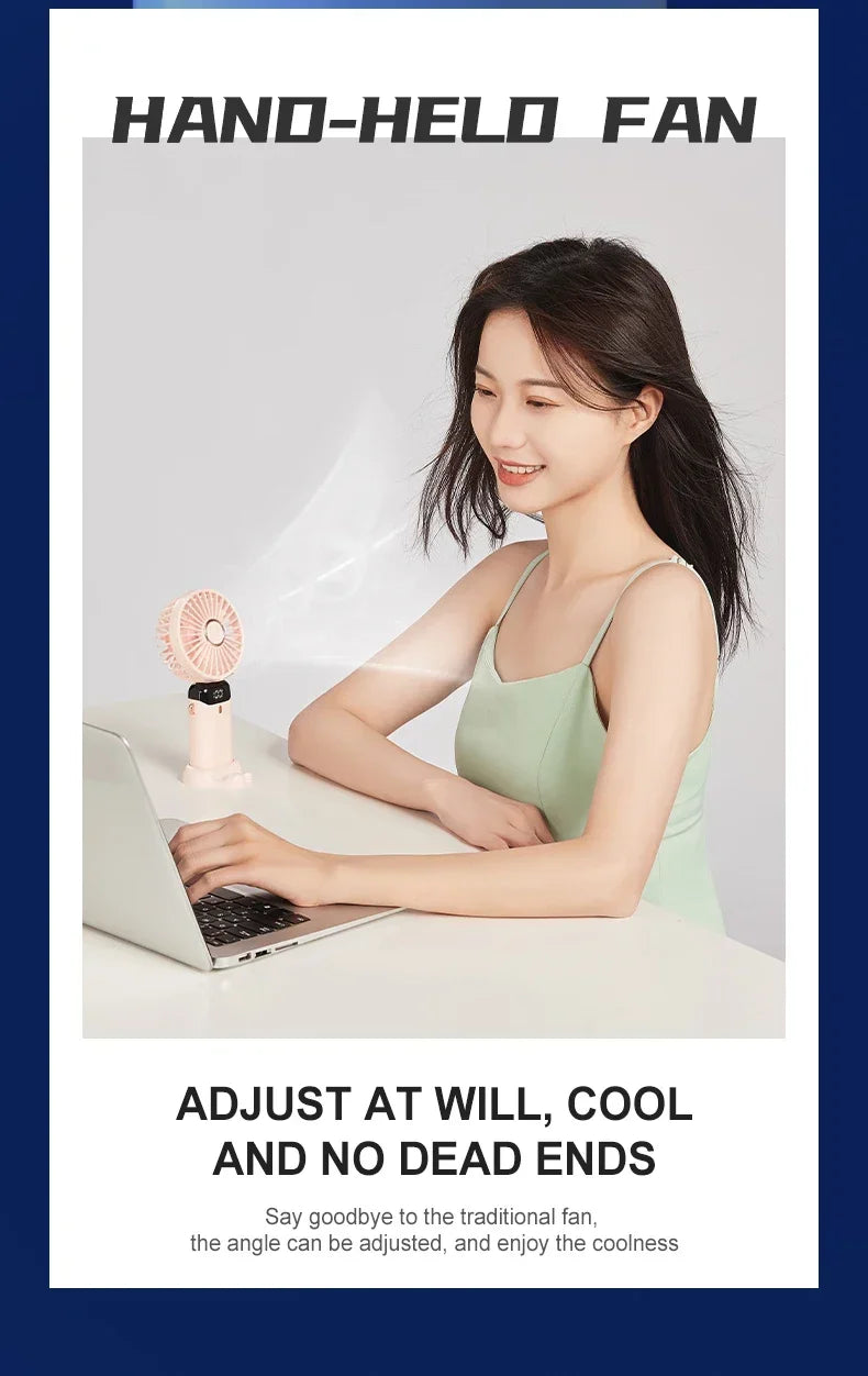 Handheld Mini Fan 3000mAh, Foldable 5-Speed USB Rechargeable, Neck-Hanging/Desk, Phone Stand & LED Display