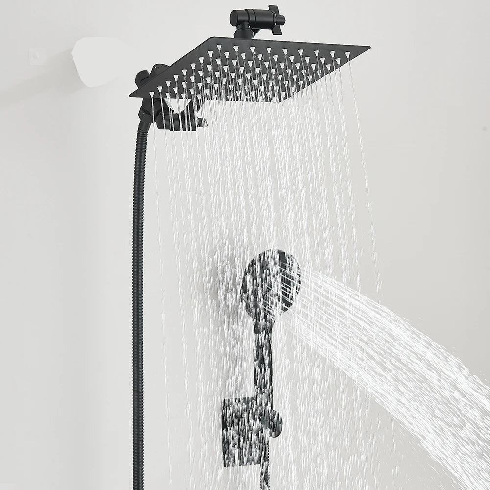 8–12" High Pressure Rain Shower Head, Square Stainless Steel – Adjustable Extension Arm with 3-Way Handheld Spray Combo