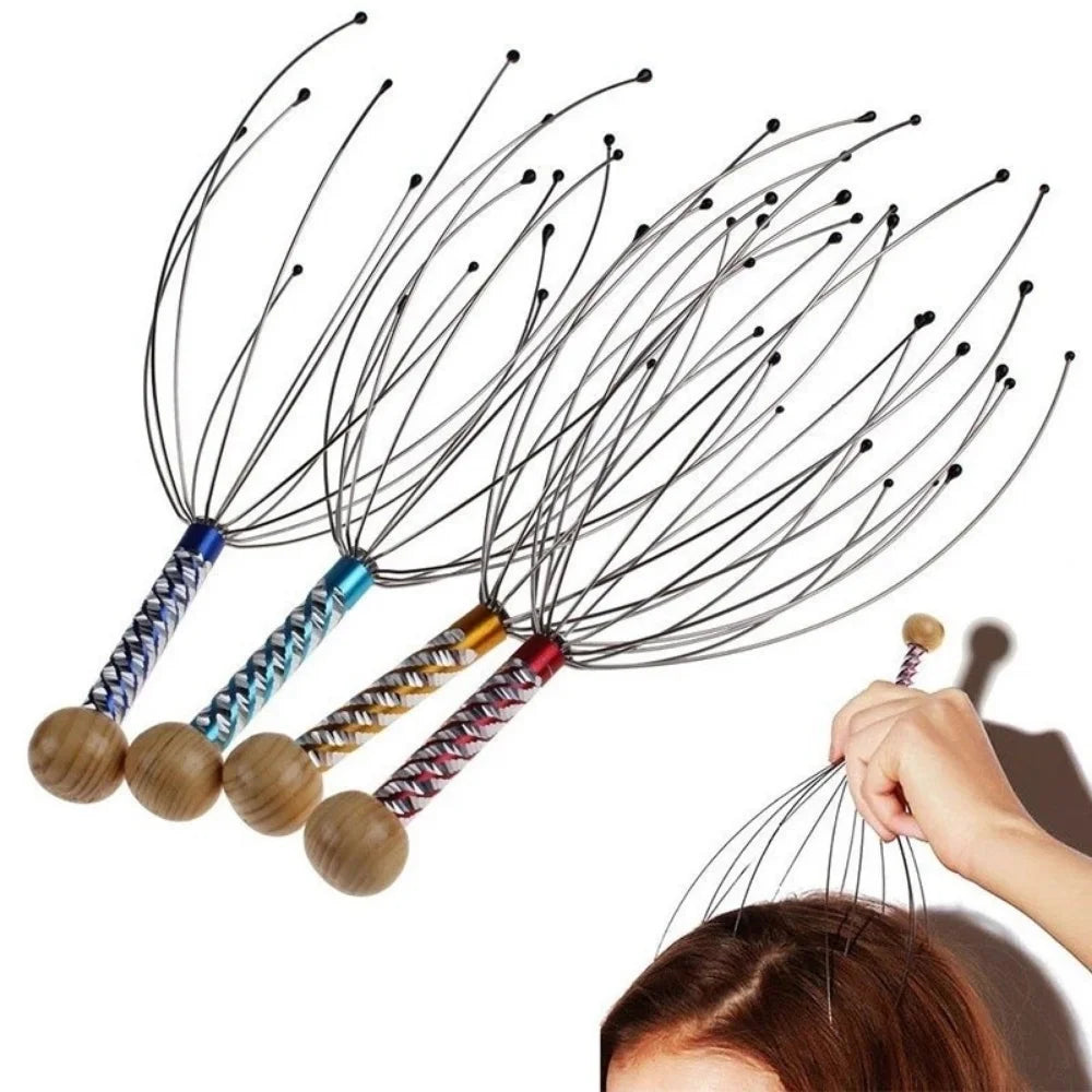 Octopus Head Massager, Manual Scalp Scratcher, Stainless Steel Claws, Wood Handle, Stress Relief, Non-Electric, Random Color