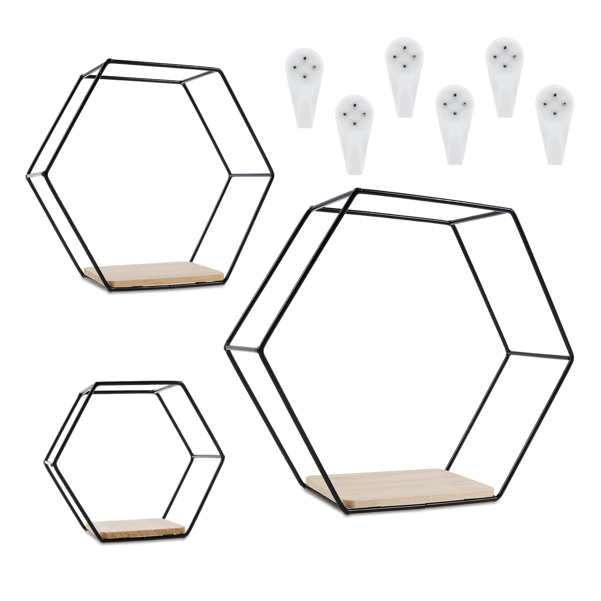 Wall Mounted Hexagonal Floating Shelves – Set of 3 Stainless Steel & Wood Display Racks for Living Room, Bedroom, Office