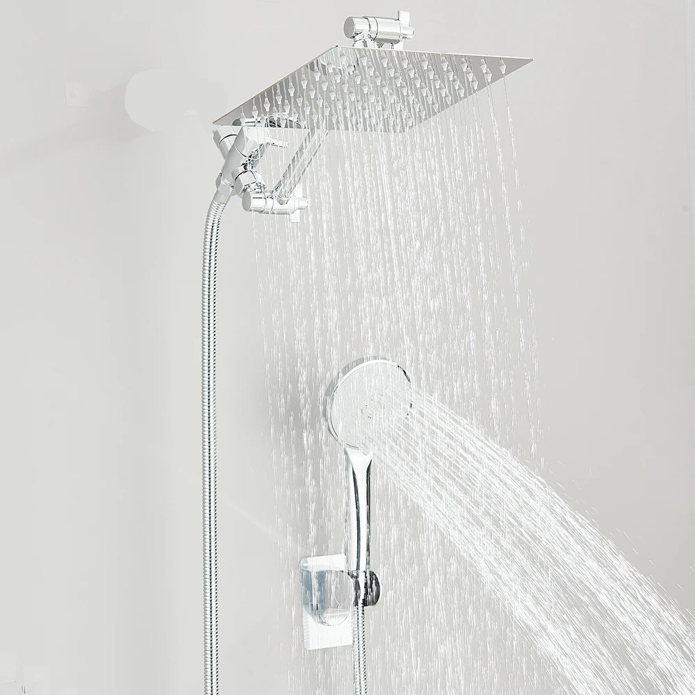 8–12" High Pressure Rain Shower Head, Square Stainless Steel – Adjustable Extension Arm with 3-Way Handheld Spray Combo